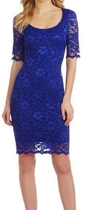 Belle Badgley Mischka Blue Lace Fitted Bodycon Knee-Length Dress - Size Large