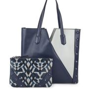 New Sam Edelman Emery Blue Colorblock Leather Carryall Tote Bag With Pouch