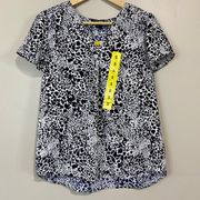 Women’s Short Sleeve Printed V Neck Blouse Off White & Navy Sz Sm