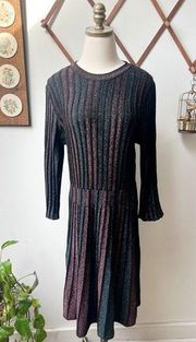 Metallic Striped Rib Knit Fit and Flare Sweater Dress Large