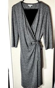 H Halston Gray Jersey Knit Wrap Dress Knee Length sz L long sleeve rhinestones