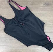 Pink Victoria’s Secret Black Tie Front One Piece Swimsuit Sz.S