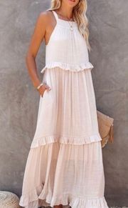 NWT Listicle Maxi Dress Open Tie Back W/Ruffles Light Brown/Sand Medium