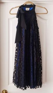 Blue and Black Polka Dot Tie Neck Layered Dress