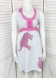 Tracy Negoshian Mosaic Elephants Cotton Halter Sundress White Pink Small