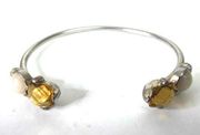 Rhinestone Silver Tone Cuff Bracelet Sparkly Yellow Amber Round Stone Modern