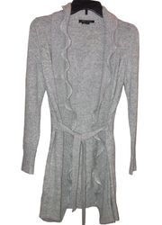 Wool Blend Open Front Tie Ruffle Zipper Cardigan Grey Medium