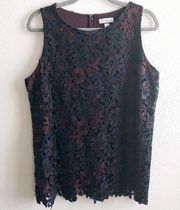 Charter Club Blouse Black Blue & Maroon Lace Floral Sleeveless Tank Top Sz M EUC