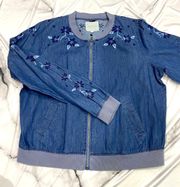 NWOT  Denim Chambray Floral Embroidered Bomber Jacket- Size Large