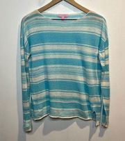 Lilly Pulitzer 100% Linen Alana Sweater in Coconut Row Stripes Aqua Blue Small