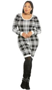 Womens 1 1X 14-16 Plaid Shift Sweater Dress Black Creamy White