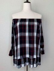 For the Republic Plaid Off Shoulder Bell Sleeves Peplum Top