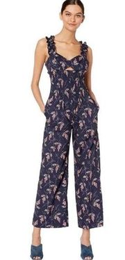 Rebecca Taylor Navy Blue Floral Ivie Smocked Wide Leg Ruffle Strap Jumpsuit 6