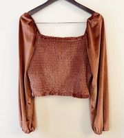 Elodie Top Size XL Velvet Smocked Bust Long Puff Sleeve Square Neck Rust New