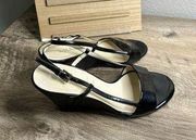 Prada Women’s 35.5 Black Patent Leather Wedge Slingback Sandal