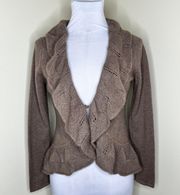 100% 2 Ply Cashmere Cardigan MEDIUM Ruffle Brown Knit Luxury Open