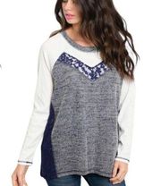 Crescent lace rib thermal long sleeve top in navy size S