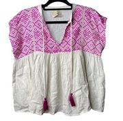 Judith March Women's Small Boxy Pullover Tassel Embroidered White Pink Top Boho