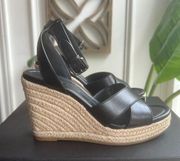 Coach Kaelyn Espadrille Wedge Sandals Black Leather Ankle Strap Women's Size 5.5