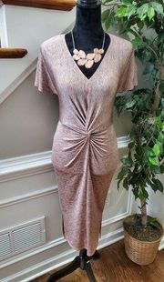 Bar III Women Solid Pink Polyester V-NecK Short Sleeve Knee Length Dress Size XS