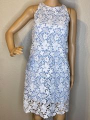 Sleeveless Dress White Lace Over Blue White Stripes XS