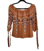 Crescent & Willough Womens M Orange Bohemian Patterned Blouse w/ Tie Sleeves