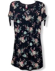 Black floral soft short sleeve crisscross dress