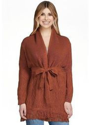 Collar Belted Cable Knit Cardigan Sweater Burnt Orange Brown Fringe HAD1630 Oversized Loose