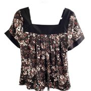 Apostrophe Flounce Sleeve  Blouse Brown Floral Print Square Neck Relaxed Top M