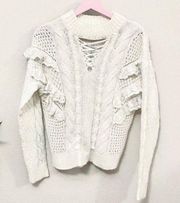 Torn by Ronny Kobo Ivory Lace Cross Front Crew Neck Sweater Size M