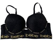 Womens Black Bebe Logo Lace Underwire Padded Push Up Bra Size 34C​