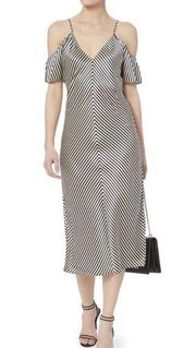 T Alexander Wang Cold Shoulder Silk Midi Dress in Ecru & Navy