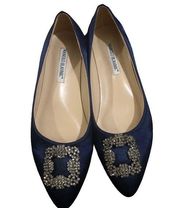 Manolo Blahnik habgisi flat in navy satin with jewel buckle.