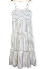 White Tiered Linen Blend Maxi Dress Womens Colorful Striped Boho