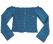 Aeropostale  Womens Size L Blue Smocked Long Sleeve Off The Shoulders Crop Top