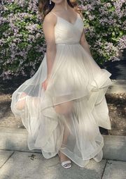 Ivory Jemstone Belted Layered Prom Dress 