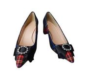 J CREW AVERY EMBELLISHED TARTAN PUMPS Sz 6.5 NAVY RED MULTI BLOCK HEELS $298