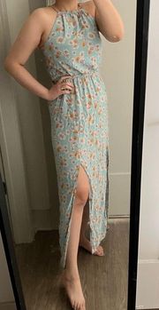 halter daisy side slit maxi dress