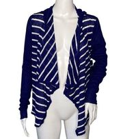 Chaser Sweater Women Medium Open Cardigan Blue White Striped Hood Waterfall Hem