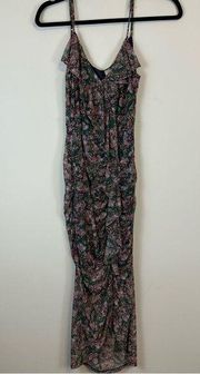 Allison Joy | Green and Pink Floral Mesh Ruched Front Midi Dress Size Small