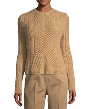 MaxMara Ronco Warm Cable-Knit Crewneck Wool Camel Pullover Sweater Size Medium