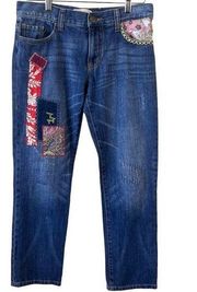 Cabi Boyfriend Boho Patchwork Cropped Denim Jeans