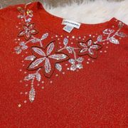 Cathy Daniels Red Shimmer Metallic Shiny Sequin Floral Flower Sheer Spakle XL