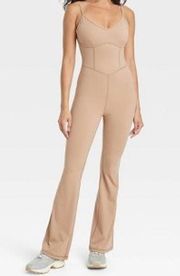 Women's Flare Long Bodysuit jumpsuit romper  Tan brown Large neck NWOT