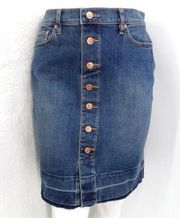 "LOFT" BLUE MEDIUM WASH BUTTON FRONT DENIM RELEASED HEM JEANS SKIRT SIZE: 8 NWT