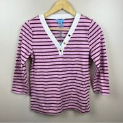 Draper James V-Neck Puff Sleeve Shirt Size XS Dark Pink Mariner Stripe Preppy