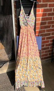 Peach Floral Tiered Sleeveless Boho Ruffle Hem Crinkle Maxi Dress M