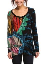 NEW  Black Abstract Print Beaded Waist Tie Long Sleeve Tunic S