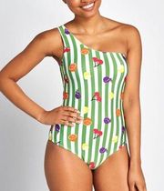 ModCloth Fruit print Green Striped One-Shoulder Swimsuit Retro/Vintage