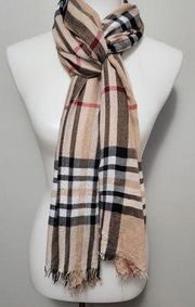 V. Fraas beige tartan plaid large oblong scarf